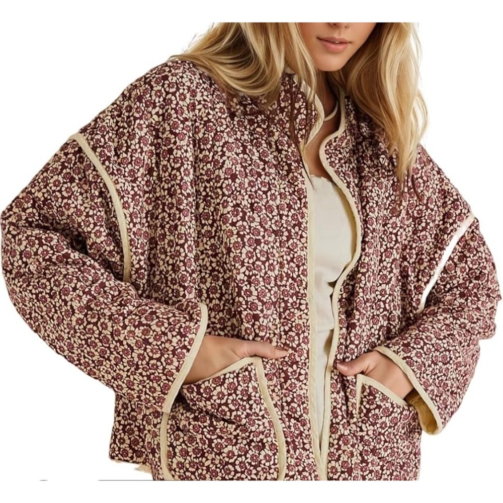 Burgundy Floral Quilted Jacket Cottagecore Chore Coat Oversized Size Small